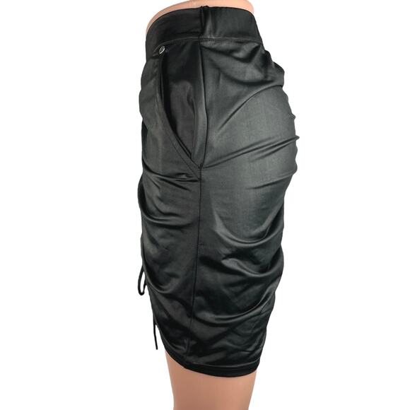 Maniere De Voir Black Faux Leather Ruched Drawstring Mini Pencil Skirt Size 8 - Picture 2 of 5